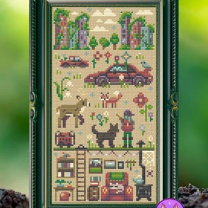 May include: Cross-stitch artwork in a dark green frame. The piece depicts a whimsical scene with buildings, cars, animals, and a person, all rendered in a pixelated style. The color palette includes shades of red, green, brown, and purple.