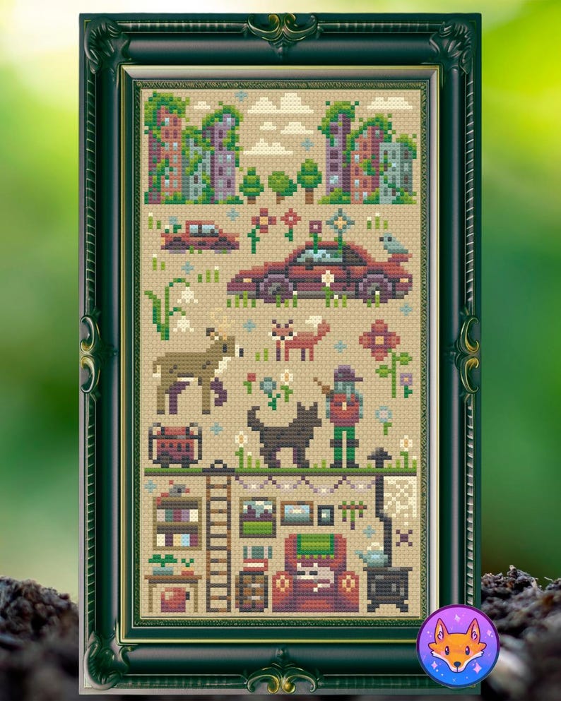 May include: Cross-stitch artwork in a dark green frame. The piece depicts a whimsical scene with buildings, cars, animals, and a person, all rendered in a pixelated style. The color palette includes shades of red, green, brown, and purple.