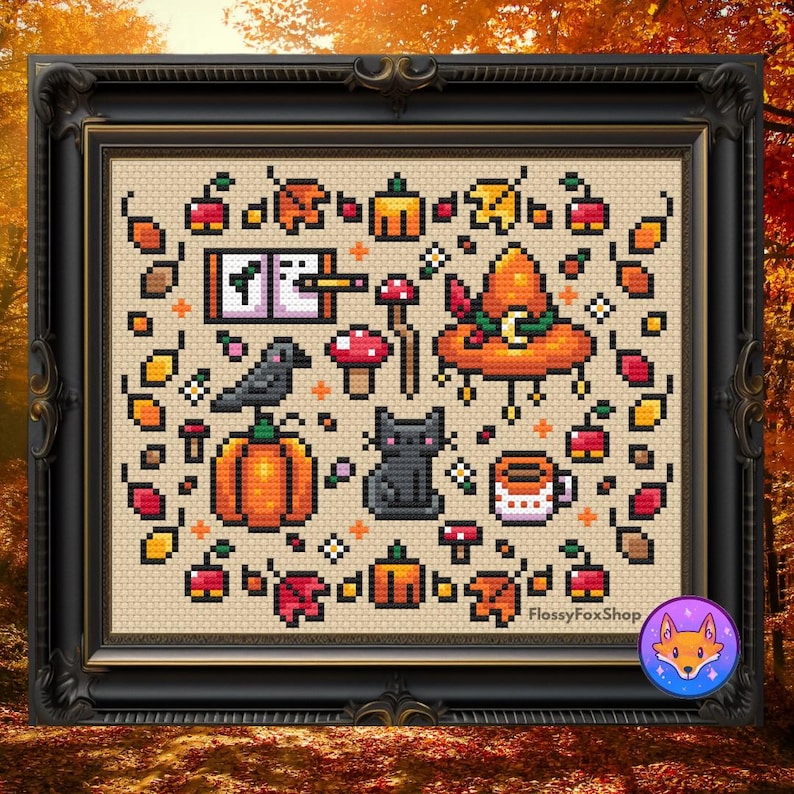 May include: A cross-stitch pattern featuring a variety of autumnal and Halloween-themed icons, including a black cat, a witch's hat, a pumpkin, a crow, and a cup of coffee. The pattern is surrounded by a border of leaves and other fall-themed elements.