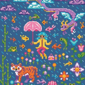 May include: A whimsical pixel art illustration featuring a girl with blue hair holding a pink umbrella, a tiger, a dragon, and various other creatures and plants. The background is a blue sky with rain and clouds.