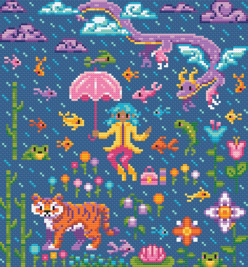 May include: A whimsical pixel art illustration featuring a girl with blue hair holding a pink umbrella, a tiger, a dragon, and various other creatures and plants. The background is a blue sky with rain and clouds.