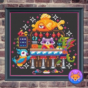 May include: A pixel art cross stitch pattern featuring a colorful bar scene with a raccoon, a dragon, a fish, and a bird. The bar has a wooden counter and stools. The scene is set against a dark background with stars.