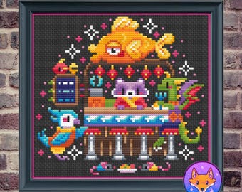 Racoon Restaurant - Cozy Fantasy Modern Cross Stitch Pattern PDF