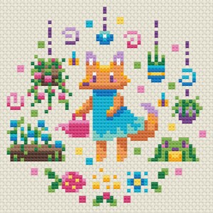 May include: A cute orange fox wearing a blue dress is watering a flower bed with a pink watering can. The fox is surrounded by flowers and plants in a circular design.
