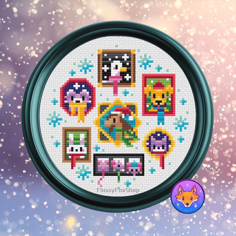 May include: A cross-stitch artwork in a teal frame, featuring a circular design with various framed animal portraits and snowflakes. The portraits include a penguin, bear, bunny, and other creatures. The artwork has a winter theme.