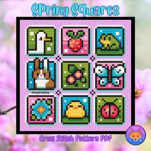 May include: A cross stitch pattern PDF featuring nine spring-themed squares. Each square depicts a different spring animal or plant, including a duck, a bunny, a butterfly, a ladybug, a chick, a frog, a strawberry, a flower, and a cluster of pink flowers.