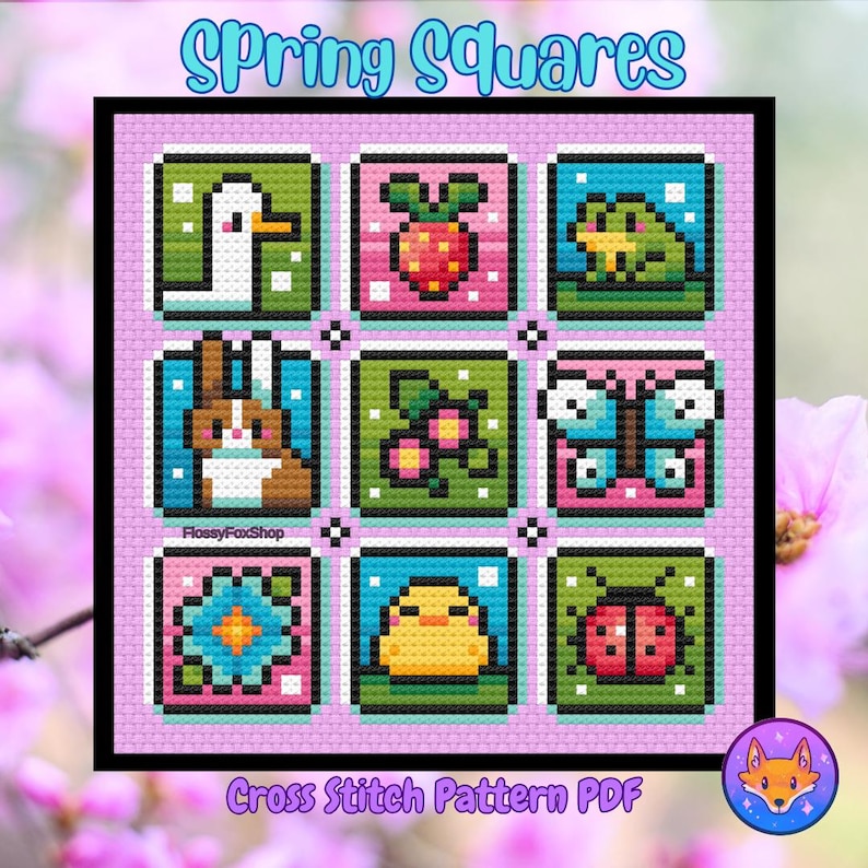 May include: A cross stitch pattern PDF featuring nine spring-themed squares. Each square depicts a different spring animal or plant, including a duck, a bunny, a butterfly, a ladybug, a chick, a frog, a strawberry, a flower, and a cluster of pink flowers.