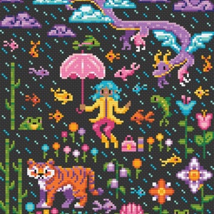 May include: A whimsical pixel art scene with a purple dragon flying in the clouds, a girl with blue hair holding an umbrella, a tiger, and various flowers and frogs. The background is a dark blue with rain falling.