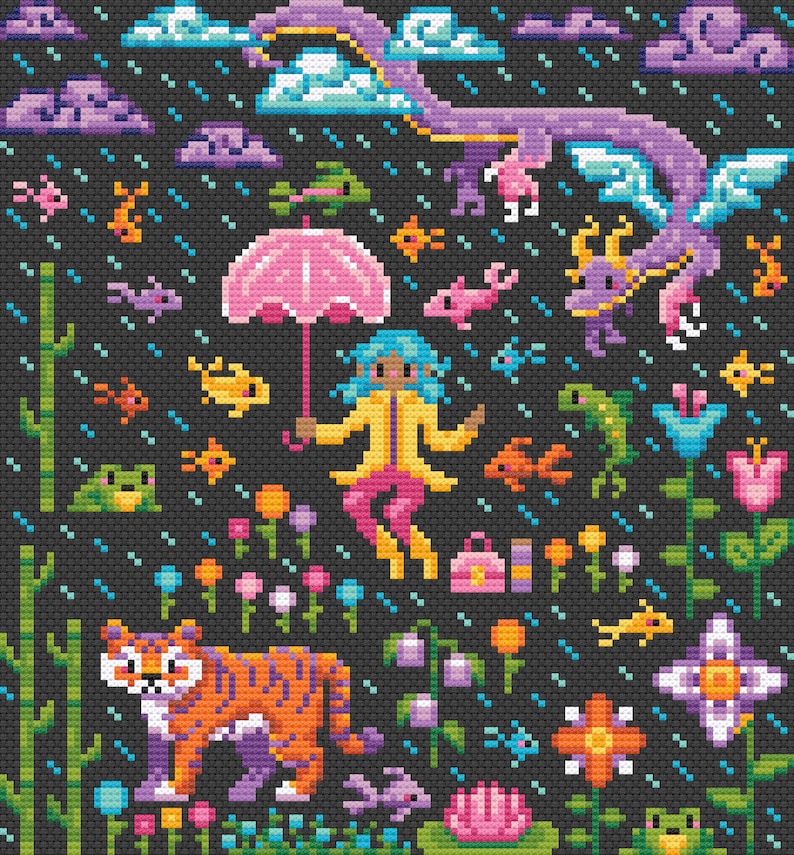 May include: A whimsical pixel art scene with a purple dragon flying in the clouds, a girl with blue hair holding an umbrella, a tiger, and various flowers and frogs. The background is a dark blue with rain falling.