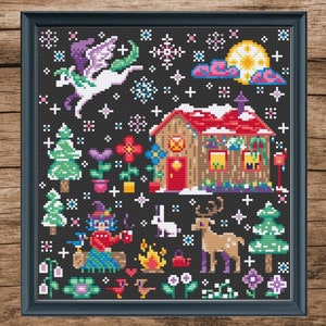 May include: A cross-stitch pattern featuring a whimsical winter scene with a small house, a unicorn, a deer, a rabbit, a witch, and a variety of trees and flowers. The scene is set against a black background with white snowflakes.