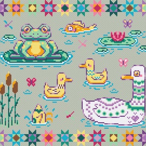May include: A cross-stitch pattern featuring a green frog sitting on a lily pad, a yellow fish swimming in the water, three yellow ducklings, a white duck with purple and green accents, and a pink water lily with green leaves. The pattern is surrounded by a colorful border of stars.