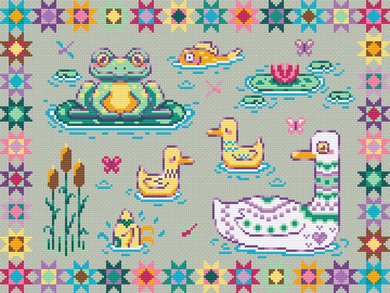 May include: A cross-stitch pattern featuring a green frog sitting on a lily pad, a yellow fish swimming in the water, three yellow ducklings, a white duck with purple and green accents, and a pink water lily with green leaves. The pattern is surrounded by a colorful border of stars.