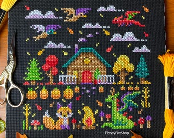 Enchanted Autumn Cabin - Modern Dragon Fantasy Cross Stitch Pattern PDF