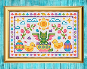 Easter Dragon - Modern Fantasy Holiday Cross Stitch Pattern PDF