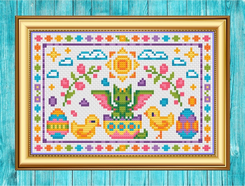 Easter Dragon - Modern Fantasy Holiday Cross Stitch Pattern PDF image 1