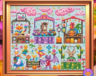 May include: A cross-stitch pattern featuring a whimsical autumn market scene with various animal vendors. A fox sells ice cream, a horse sells cupcakes, a rooster sells pumpkins, a deer sells milk, and a bat sells apples. The market is decorated with clouds, stars, and flowers.