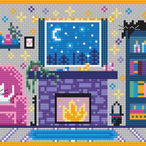 K&ouml;nnte beinhalten: Ein gem&uuml;tliches Wohnzimmer mit einem Kamin, einem B&uuml;cherregal gef&uuml;llt mit B&uuml;chern und Tr&auml;nken, einer Katze, die in einem rosa Sessel sitzt, und einem Fenster mit Blick auf eine sternenklare Nacht.
