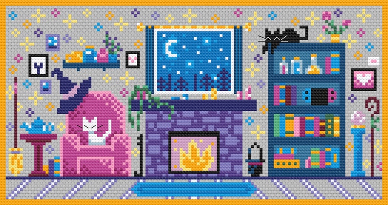 K&ouml;nnte beinhalten: Ein gem&uuml;tliches Wohnzimmer mit einem Kamin, einem B&uuml;cherregal gef&uuml;llt mit B&uuml;chern und Tr&auml;nken, einer Katze, die in einem rosa Sessel sitzt, und einem Fenster mit Blick auf eine sternenklare Nacht.