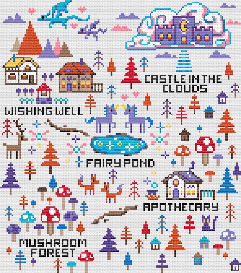May include: A cross-stitch pattern featuring a whimsical fantasy landscape. The design includes a castle in the clouds, a wishing well, a fairy pond, and a mushroom forest. The text includes "Castle in the Clouds", "Wishing Well", "Fairy Pond", "Apothecary", and "Mushroom Forest".