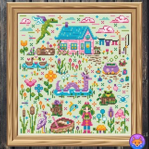 May include: A cross-stitch pattern featuring a whimsical cottage with a blue roof, a purple dragon, a frog, a bird, and other woodland creatures. The pattern is set against a green background with flowers and other details.