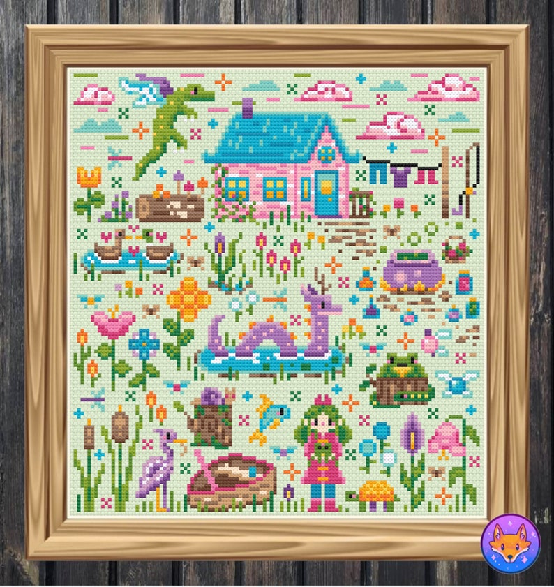 May include: A cross-stitch pattern featuring a whimsical cottage with a blue roof, a purple dragon, a frog, a bird, and other woodland creatures. The pattern is set against a green background with flowers and other details.