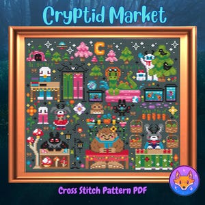 Puede incluir: Un patrón de punto de cruz que presenta una escena de mercado caprichosa con varios críptidos, incluyendo un sasquatch, un mothman, un chupacabra y un jackalope. El patrón se titula "Cryptid Market" e incluye una variedad de detalles coloridos, como hongos, zanahorias y flores.