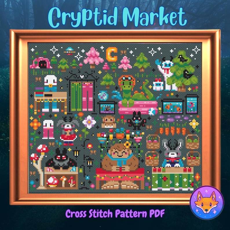 May include: A cross stitch pattern featuring a whimsical market scene with various cryptids, including a sasquatch, a mothman, a chupacabra, and a jackalope. The pattern is titled "Cryptid Market" and includes a variety of colorful details, such as mushrooms, carrots, and flowers.