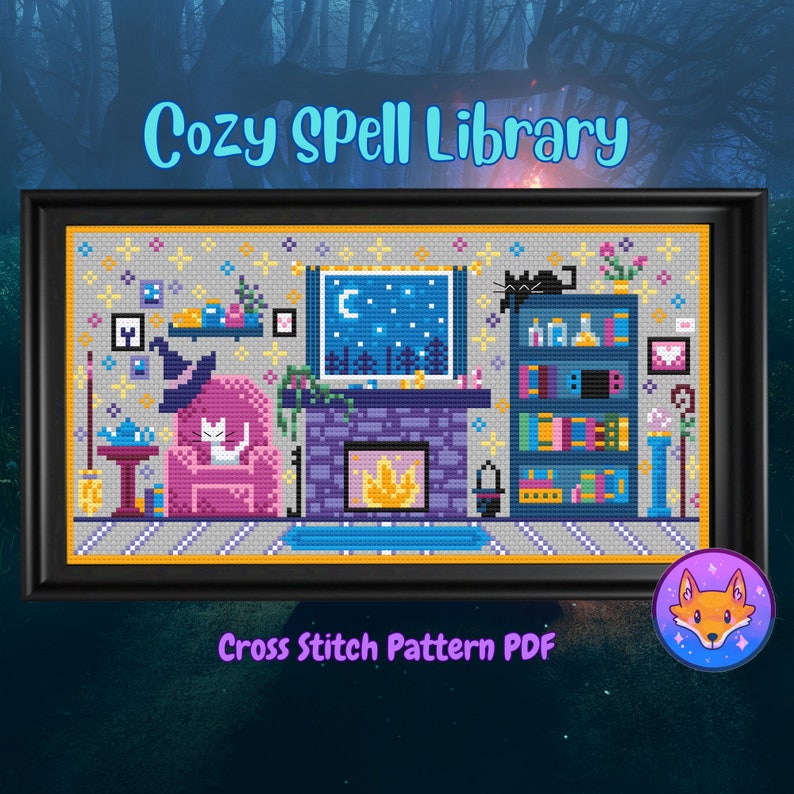 K&ouml;nnte beinhalten: PDF-Muster f&uuml;r Kreuzstich einer gem&uuml;tlichen Zauberbibliothek mit Kamin, B&uuml;cherregalen, einer Katze im Sessel und einem Fenster mit Halbmond und Sternen. Der Text "Cozy Spell Library" befindet sich oben im Bild.