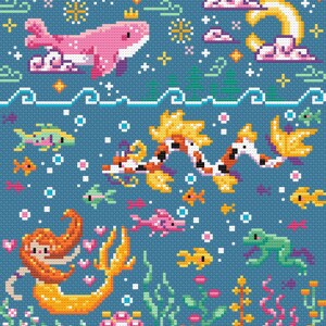 May include: A cross-stitch pattern featuring a pink whale swimming above a blue ocean with a mermaid, a green frog, and a variety of colorful fish. The ocean is filled with bubbles and seaweed.