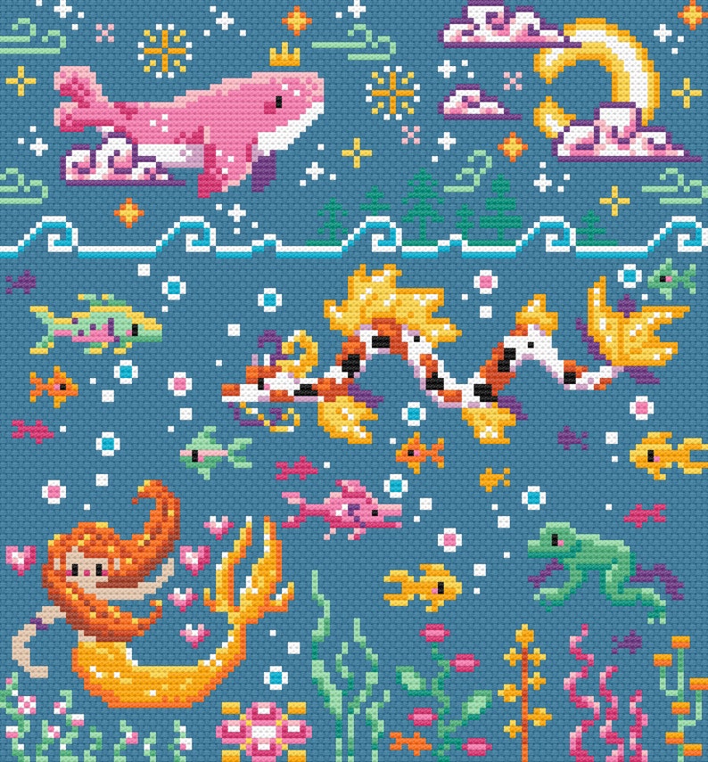 May include: A cross-stitch pattern featuring a pink whale swimming above a blue ocean with a mermaid, a green frog, and a variety of colorful fish. The ocean is filled with bubbles and seaweed.
