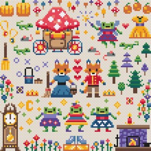 May include: A whimsical cross-stitch pattern featuring a mushroom house, a carriage, a fairy, foxes, frogs, and other woodland creatures. The pattern is filled with bright colors and intricate details.