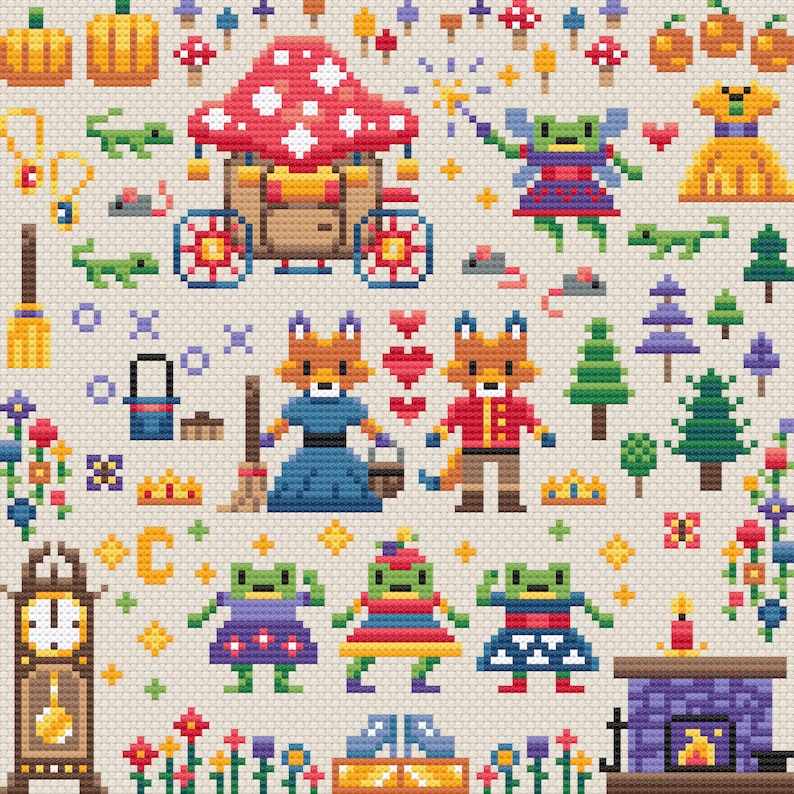 May include: A whimsical cross-stitch pattern featuring a mushroom house, a carriage, a fairy, foxes, frogs, and other woodland creatures. The pattern is filled with bright colors and intricate details.