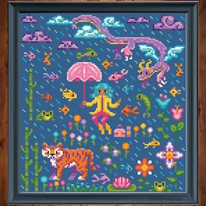 May include: A cross-stitch pattern featuring a girl with blue hair holding a pink umbrella, a tiger, a dragon, and various other animals and plants on a blue background.