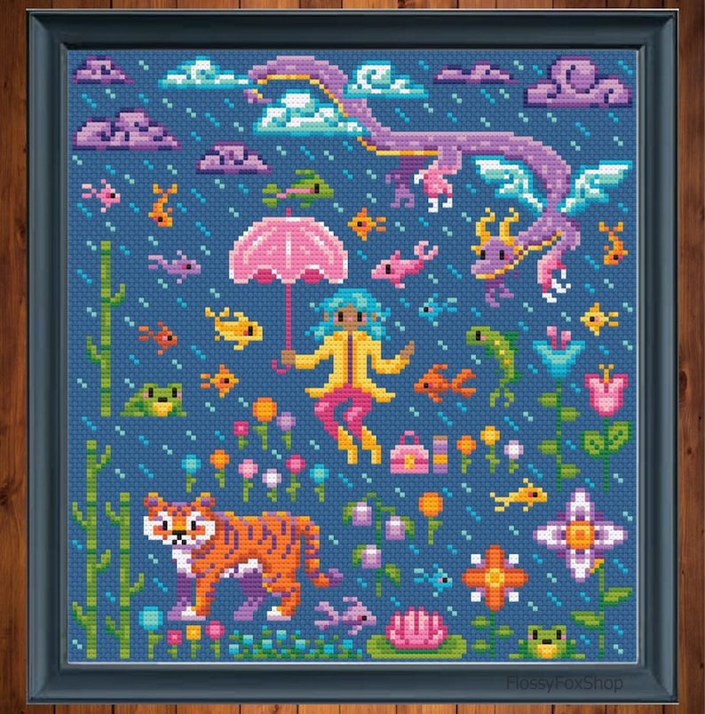 May include: A cross-stitch pattern featuring a girl with blue hair holding a pink umbrella, a tiger, a dragon, and various other animals and plants on a blue background.