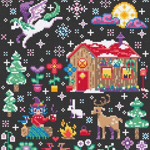 May include: A pixel art illustration of a winter scene with a small house, a unicorn, a deer, a rabbit, a gnome, and a campfire. The scene is set against a dark blue background with snowflakes and stars.