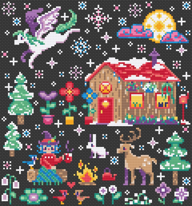 May include: A pixel art illustration of a winter scene with a small house, a unicorn, a deer, a rabbit, a gnome, and a campfire. The scene is set against a dark blue background with snowflakes and stars.