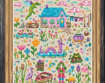May include: A cross-stitch pattern featuring a whimsical cottage with a blue roof, a purple dragon, a pink flamingo, and other colorful creatures. The pattern is set against a beige background with green grass and flowers.