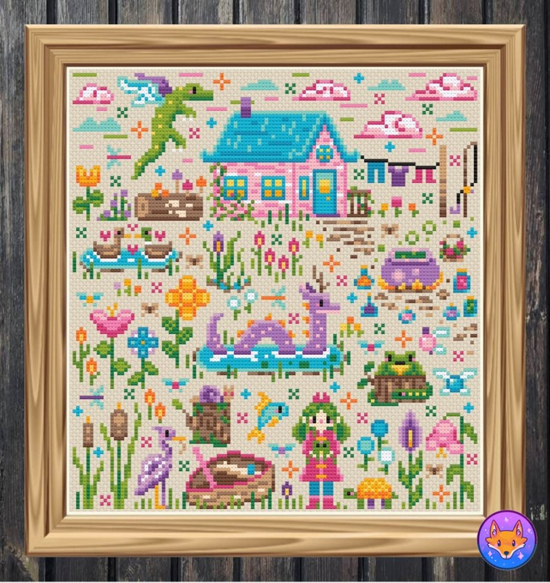 May include: A cross-stitch pattern featuring a whimsical cottage with a blue roof, a purple dragon, a pink flamingo, and other colorful creatures. The pattern is set against a beige background with green grass and flowers.
