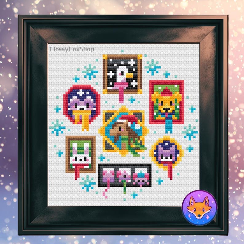May include: A framed cross-stitch featuring a circular arrangement of whimsical animal portraits, including a penguin, rabbit, and lion, each adorned with festive accessories. The artwork is set against a white background with snowflake accents, and the frame is black.