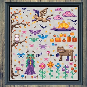 May include: A cross-stitch pattern depicting a whimsical woodland scene with a purple-clad fairy, a brown bear, a flying griffin, a variety of mushrooms, flowers, and bats. The pattern is set against a light grey background.