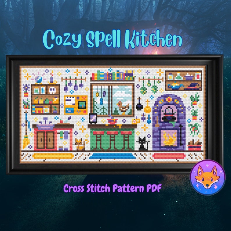 May include: Cross stitch pattern PDF of a cozy kitchen with a fireplace, a cauldron, a cat, a broom, and a window with a view of a forest. The kitchen is decorated with herbs, flowers, and other magical items. The text "Cozy Spell Kitchen" is at the top of the image.