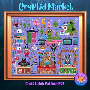 May include: A cross stitch pattern featuring a whimsical market scene with various cryptids, including a sasquatch, a mothman, a dragon, and a black-eyed monster. The pattern is titled "Cryptid Market" and includes a variety of colorful details, such as flowers, mushrooms, and a UFO.