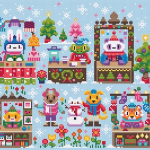 May include: A winter-themed illustration featuring various animal characters selling goods at a Christmas market. There are stalls with gifts, ornaments, and other festive items. The illustration is done in a pixelated style, reminiscent of cross-stitch.