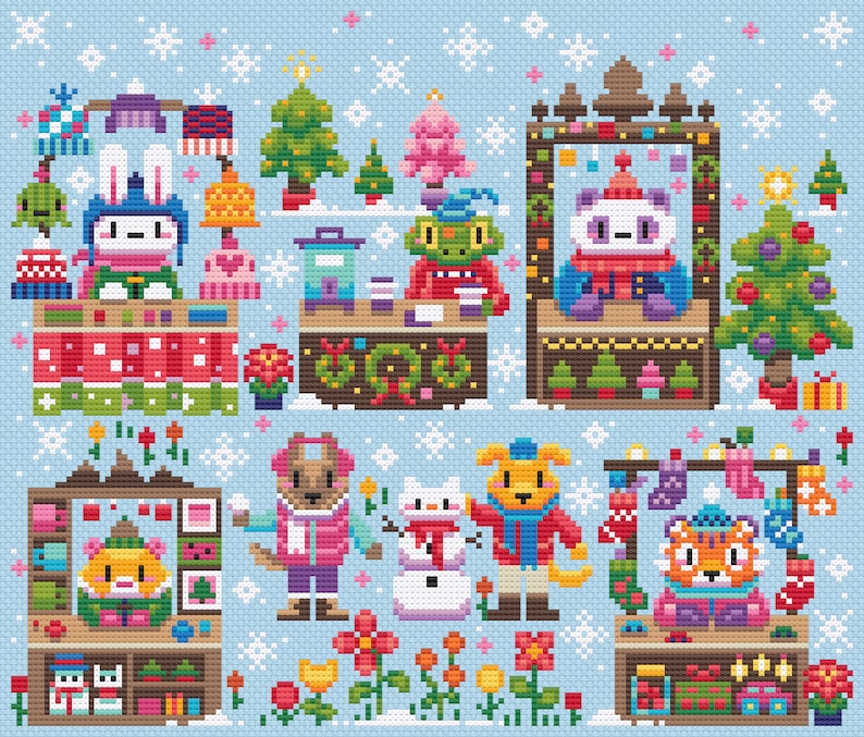 May include: A winter-themed illustration featuring various animal characters selling goods at a Christmas market. There are stalls with gifts, ornaments, and other festive items. The illustration is done in a pixelated style, reminiscent of cross-stitch.