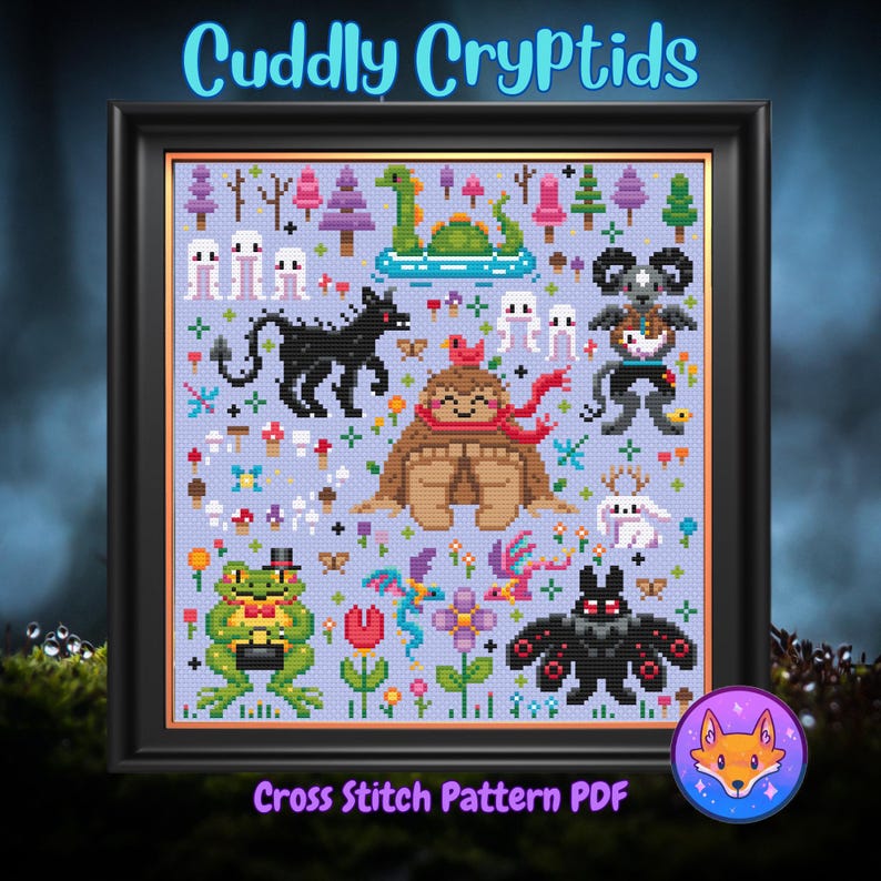 May include: A cross stitch pattern featuring a variety of cute cryptids, including a sasquatch, a mothman, a Jersey Devil, a chupacabra, and a Loch Ness Monster. The pattern is set against a light purple background with flowers and other whimsical details. The title "Cuddly Cryptids" is displayed at the top of the pattern. Cross Stitch Pattern PDF.