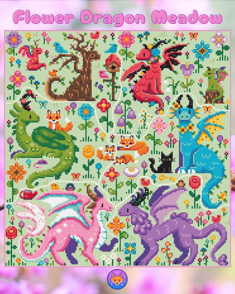 Flower Dragon Meadow Stitch-Along - 6 Month Fantasy Cross Stitch-Along Pattern PDF image 4