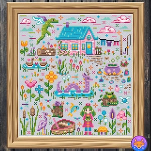 May include: A cross-stitch pattern featuring a whimsical cottage with a blue roof, a purple dragon, a frog, a bird, and other colorful details. The pattern is set against a light gray background.