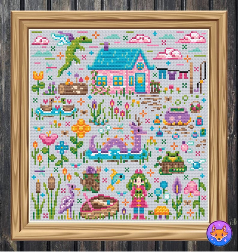 May include: A cross-stitch pattern featuring a whimsical cottage with a blue roof, a purple dragon, a frog, a bird, and other colorful details. The pattern is set against a light gray background.