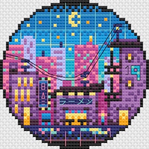 May include: A pixel art style illustration of a city skyline at night with a crescent moon and stars. The buildings are in shades of purple, pink, and blue. The text "ラーメン" is visible on one of the buildings.
