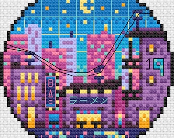 Mini Neon City Modern Fantasy Cross Stitch